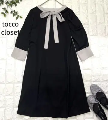 toccocloset 리본 포함 블랙 미디 기장 7부 소매 원피스 F