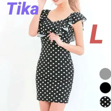 tika 펜타곤 넥 타이트 실루엣 미니 드레스 프릴 타이트 드레스 L