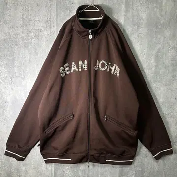 레어 SEAN JOHN 두툼한 트랙 자켓 체크 로고 브라운 좋은 배색