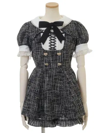 LIZLISA 더블 하트 버튼 트위드 셋업 블랙