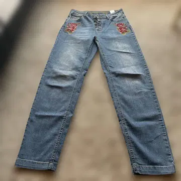 Desigual 로즈 자수 블루 데님 팬츠 스트레이트