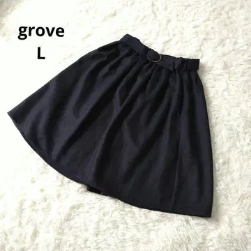 grove 네이비 트위드 플레어 스커트 L 허리밴딩 벨트 있음