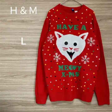 H&M [ L ] 긴팔 스웨터 크리스마스 고양이 방울 이벤트 레드 크루넥