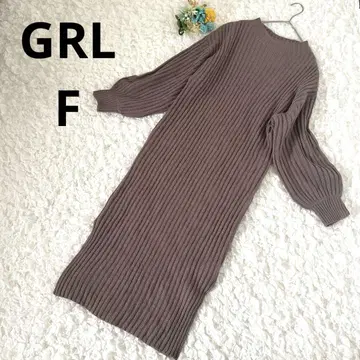 GRL 그레일 리브 니트 원피스 하이넥 퍼프 소매 모카 F