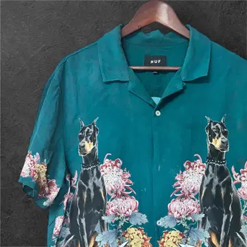 HUF 도베르만 패턴 레이온 하와이안 셔츠 M 그린
