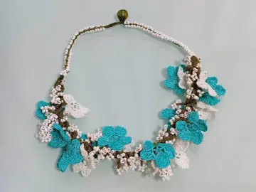 o25 터키 오야 자수 목걸이 화이트 스카이블루 플라워 자수 밸리댄스