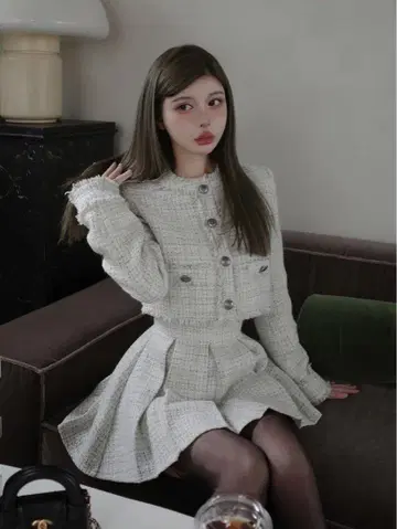 다리치 박스 플리츠 트위드 미니 스커트
