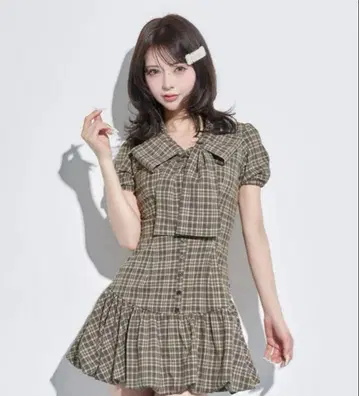 다리치 빅 리본 벌룬 체크 미니 원피스
