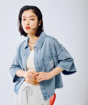 렙심 BIG 데님 숏 오부 소매 셔츠 라이트 블루