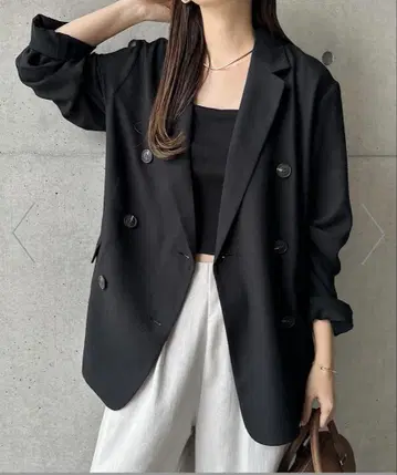 [새상품] andme 린넨 라이크 더블 테일러드 자켓 블랙 M