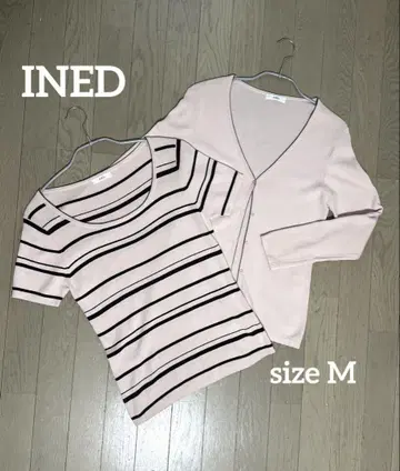 INED 반팔 니트 긴팔 가디건 앙상블 핑크 블랙 보더