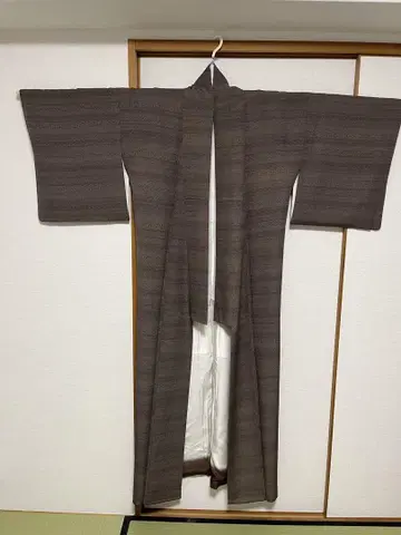브라운 가로 줄무늬 이세형 코몬 이중 기모노 여밈 브라운 그라데이션