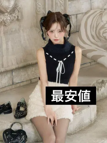 최저가 다리치 스티치 리본 슬리브리스 니트탑