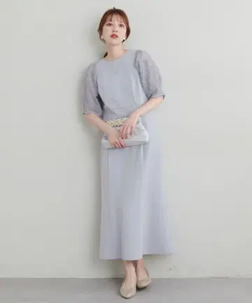 새상품 내추럴 꾸뛰르 포멀 대응 가능 이소재 메쉬 슬리브 드레스