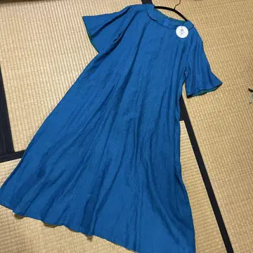 프렌치 린넨 반팔 롱 원피스 블루그린