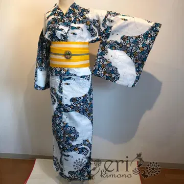 [ 새상품/2세트/유카타 ] 귀여운 화이트 고양이 유카타 오비와 세트