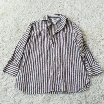 ORIAN 오리안 스트라이프 린넨 풀오버 셔츠 브라운