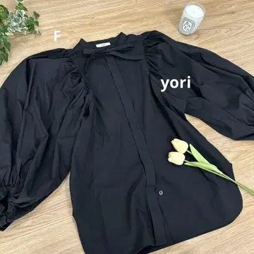 yori 요리 리본 퍼프 슬리브 블라우스 F 프리 사이즈 긴팔 상의 블랙