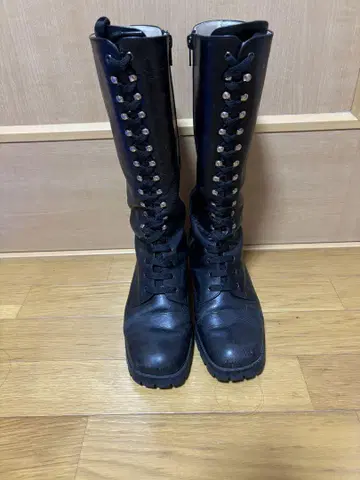 블랙 레이스업 롱 부츠 천연 가죽