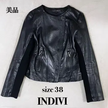 새상품급 INDIVI 노카라 가죽 자켓 소매 리브 절개 양가죽 38