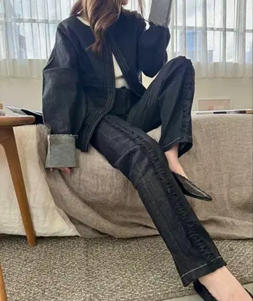 WILLFULLY 데님 팬츠 프릴 디자인 데님 벌룬 플럼 자켓