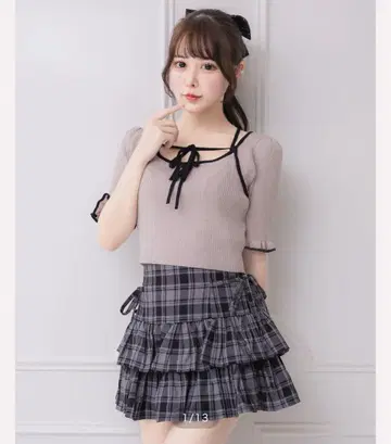 pium 리본 테이프 반팔 니트 그레이지