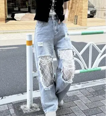 레이스 데미지 데님 팬츠 여성용