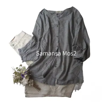 Samansa Mos2 글렌체크 볼륨 소매 8부 기장 블라우스