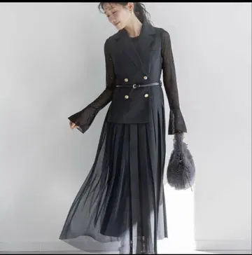 RANDA 자켓 라이크 플리츠 레이어드 원피스 네이비