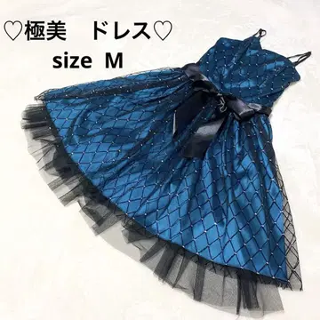 컨디션 최상 터콰이즈 블루 다이아몬드 패턴 드레스 미니 리본 포함 M