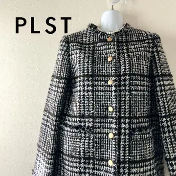 PLST 노카라 트위드 자켓 골드 버튼 하운드투스 체크 블랙 M