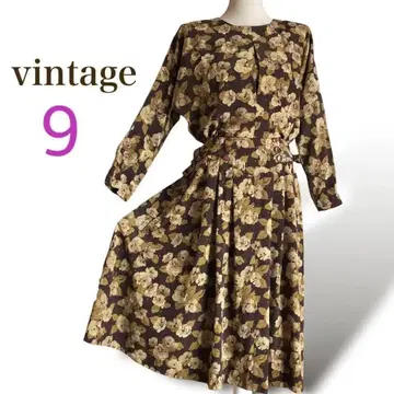 80's 빈티지 꽃무늬 플레어 원피스 9호 레트로 브라운