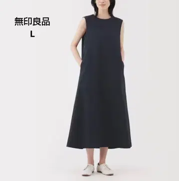 무인양품 바람이 통하는 스트레치 사커 슬리브리스 원피스 네이비 L