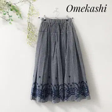 오메카시 오메카시 플레어 스커트 깅엄 체크 꽃무늬 자수 면 100