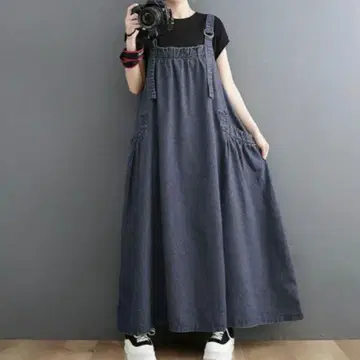 데님 살로펫 원피스 오버롤 스커트 다크 블루 XL 새상품