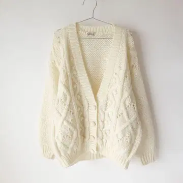 USED 구제 의류 화이트 폼폼 케이블 짜임 아란 니트 가디건