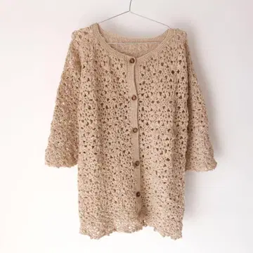 USED 구제 의류 베이지 꽃 크로셰 핸드 니트 가디건
