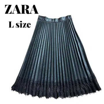 ZARA 자라 인조 가죽 플리츠 스커트 밑단 레이스 블랙 L