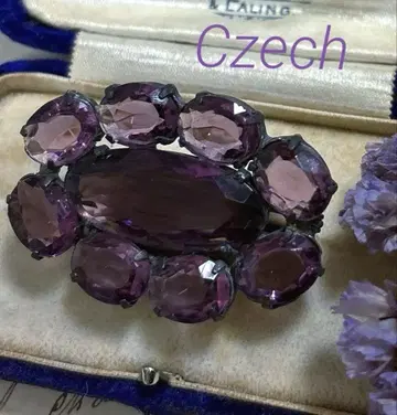체코제 빈티지 브로치 flower 체코 유리 자수정 컬러