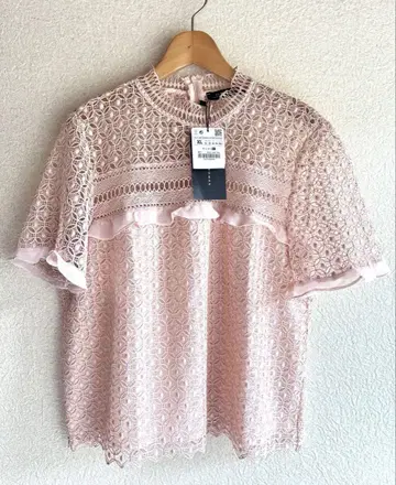 미사용 새상품 ZARA 핑크 레이스 반팔 블라우스 XL