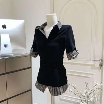 블랙 체크 피케 셔츠 반팔