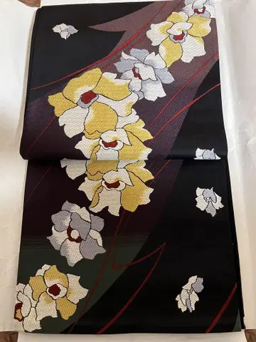 순수 실크 후쿠로 오비 꽃무늬 블랙 베이스 타토가미 포함