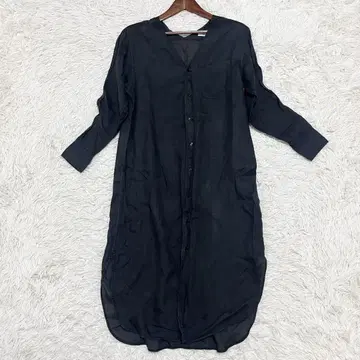 맥피 벨티드 셔츠 원피스 라미 린넨 노카라 블랙 롱 기장