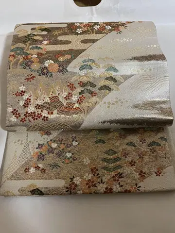 순수 실크 후쿠로 오비 베이지색 꽃무늬