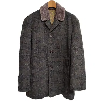 빈티지 체크 무늬 울 코트 자켓 다크 그린 털