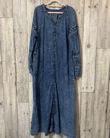 티티카카 데님 원피스 케미컬 긴팔 맥시 길이 원피스 에스닉 자수