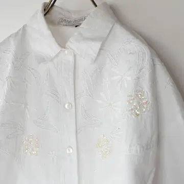 vintage 구제 의류 꽃 자수 스팽글 반팔 화이트 셔츠 블라우스