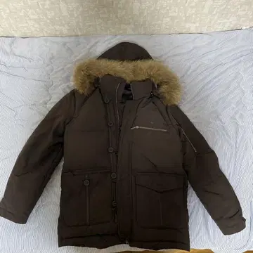 LACOSTE 브라운 다운 자켓 퍼 후드