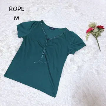 로페 [M] 틸 V넥 셔츠 넥 꽃무늬 레이스 리본 포함 청록색 얇은 소재