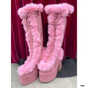 핑크 퍼 부착 롱 부츠
